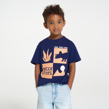 تي شيرت بأكمام قصيرة، باللون الأزرق ومُزيّن برسمة ديناصور، للفتيان